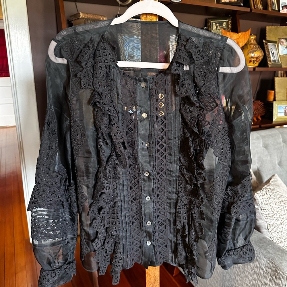 Oscar de la Renta Vintage Silk Organza Lace Blouse Black Sheer Ruffle Top sz 4 - Picture 9 of 10